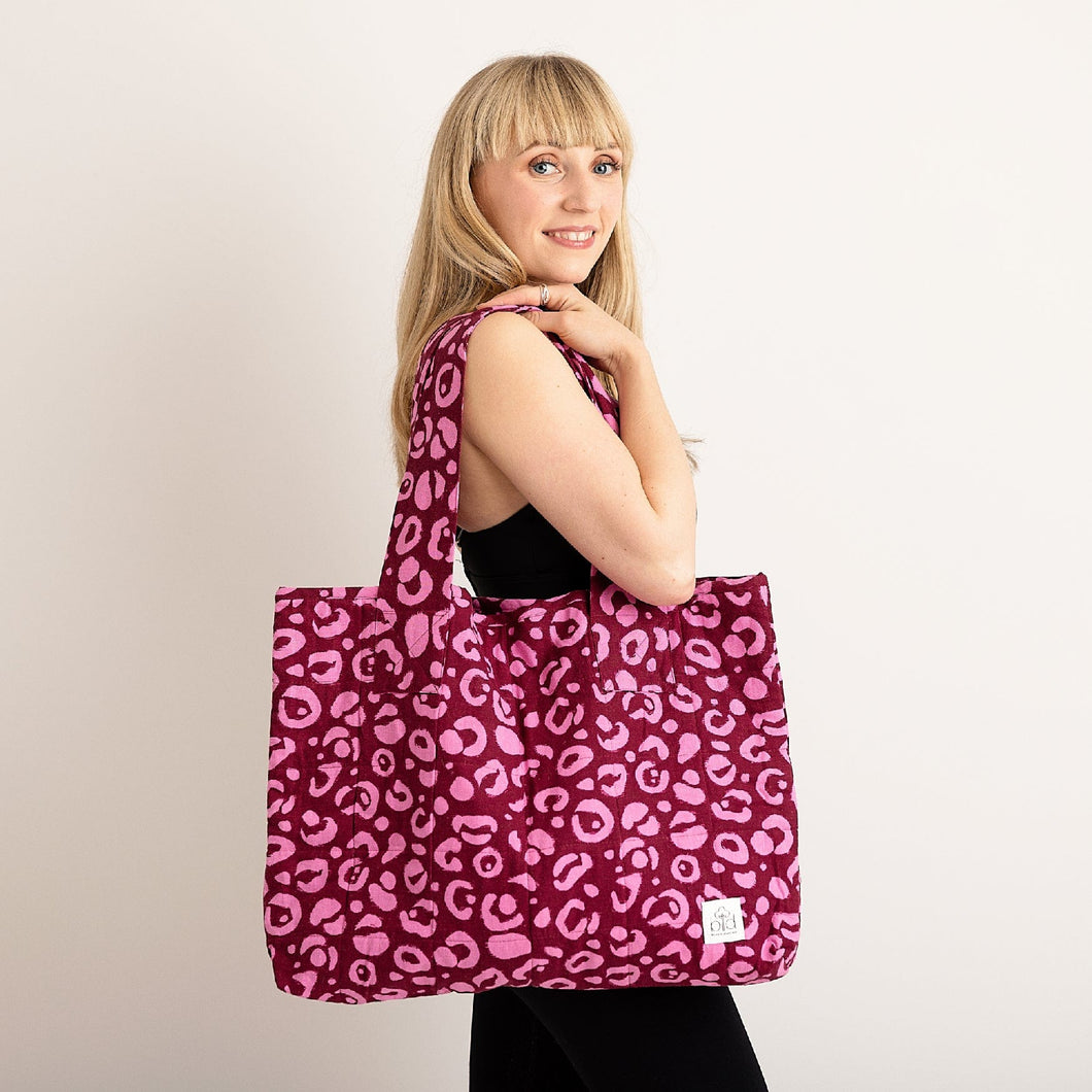 the Everything Tote Bag - pink leopard linen